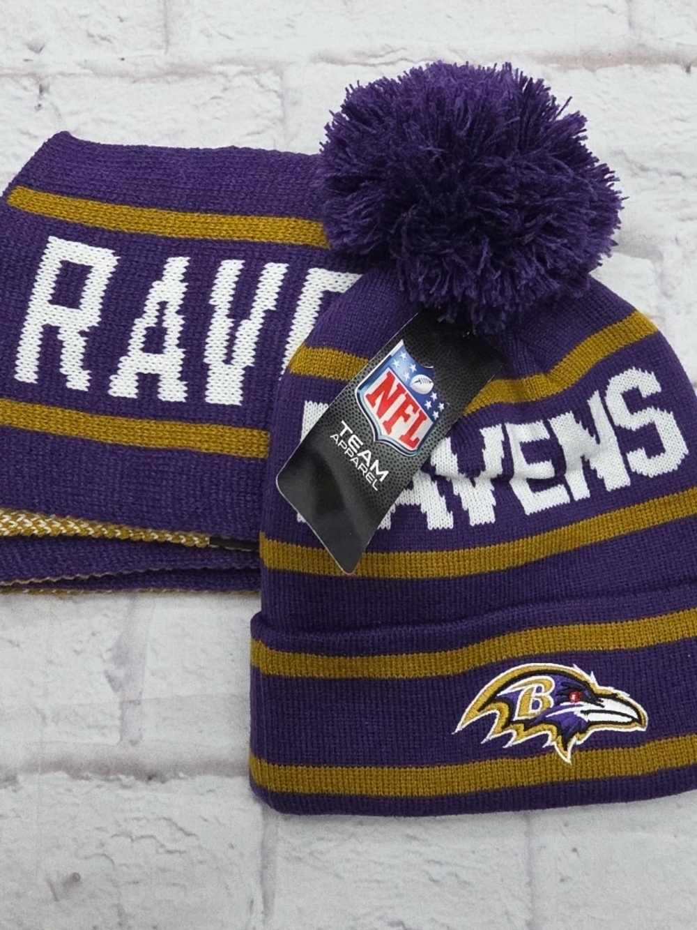 Baltimore Ravens Purple and Gold Pom Beanie with Team Patch NFL Team Apparel